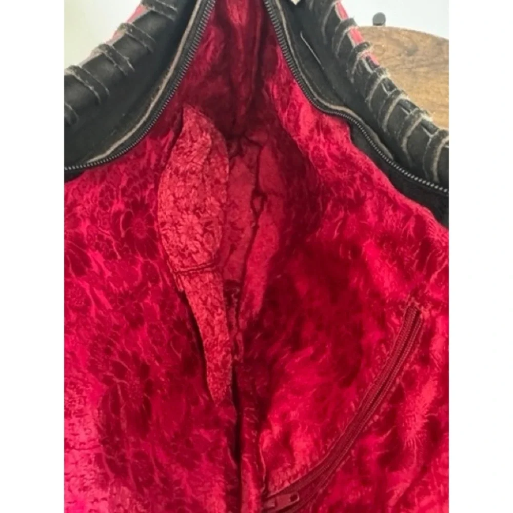 Vintage Red Black Patchwork Suede Floral Whipstitch Hobo Bag Boho Y2K Statement